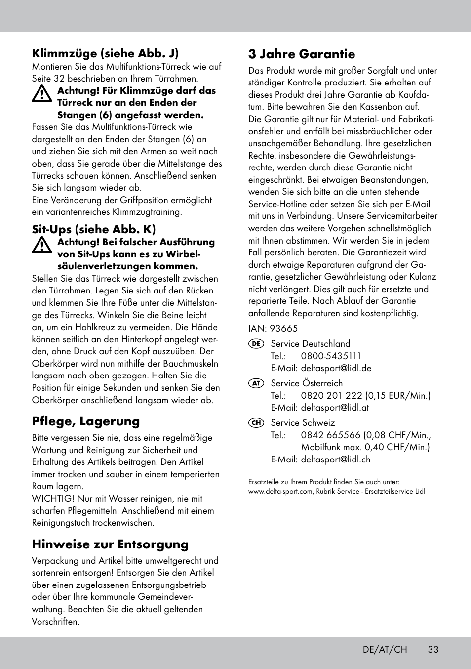 3 jahre garantie, Pflege, lagerung, Hinweise zur entsorgung | Klimmzüge (siehe abb. j), Sit-ups (siehe abb. k) | Crivit MR-1442 User Manual | Page 33 / 36