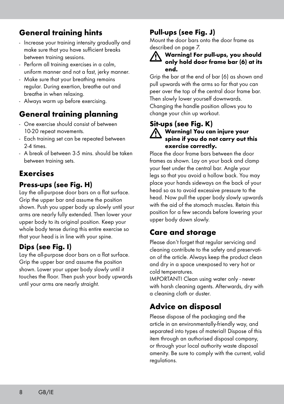 Care and storage, Advice on disposal, General training hints | General training planning, Exercises | Crivit MR-1442 User Manual | Page 8 / 36