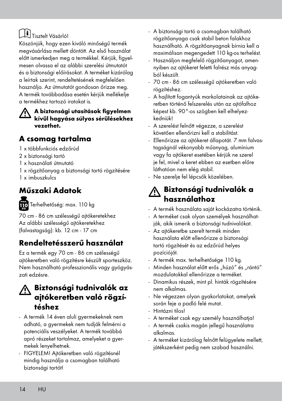 A csomag tartalma, Műszaki adatok, Rendeltetésszerű használat | Biztonsági tudnivalók a használathoz | Crivit MR-1442 User Manual | Page 14 / 36