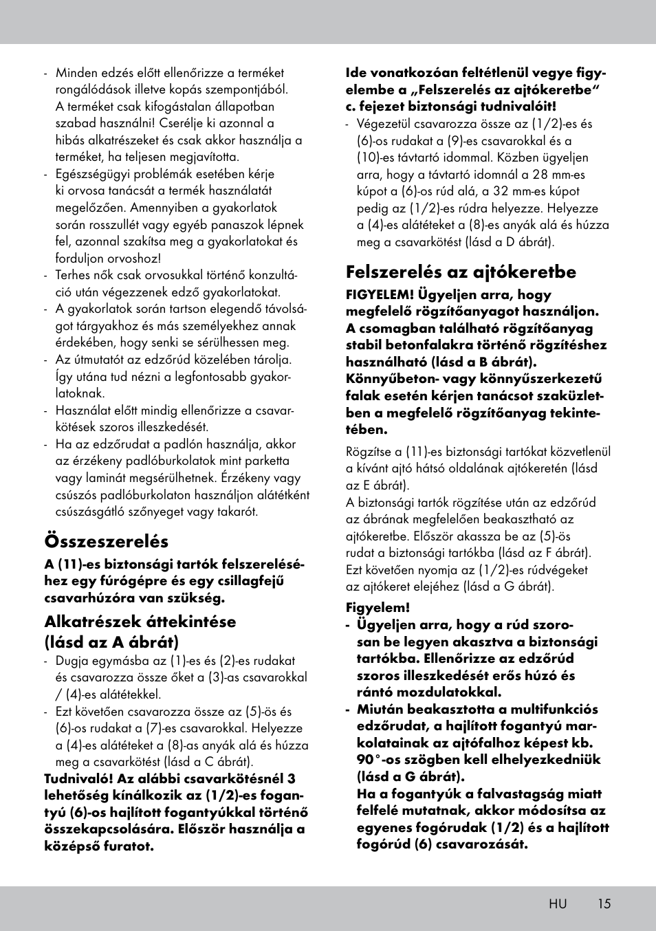 Összeszerelés, Felszerelés az ajtókeretbe, Alkatrészek áttekintése (lásd az a ábrát) | Crivit MR-1442 User Manual | Page 15 / 36