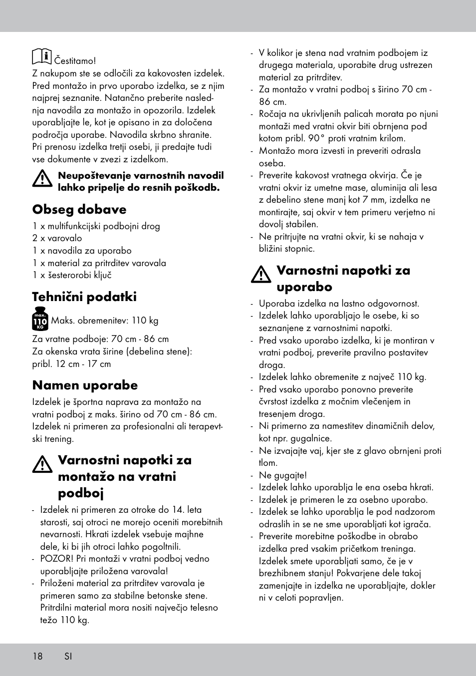 Obseg dobave, Tehnični podatki, Namen uporabe | Varnostni napotki za montažo na vratni podboj, Varnostni napotki za uporabo | Crivit MR-1442 User Manual | Page 18 / 36