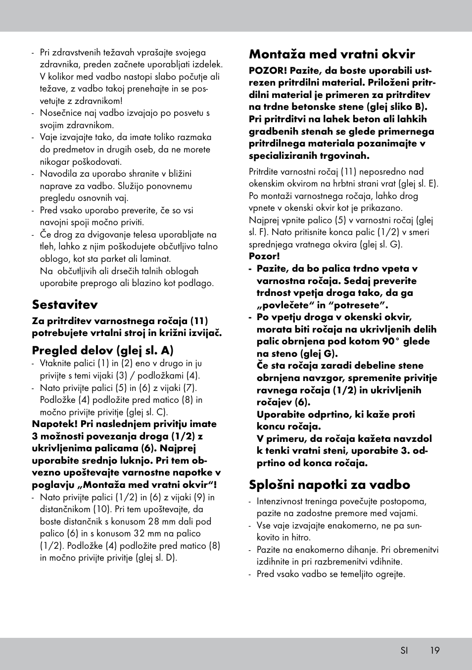 Sestavitev, Montaža med vratni okvir, Splošni napotki za vadbo | Pregled delov (glej sl. a) | Crivit MR-1442 User Manual | Page 19 / 36