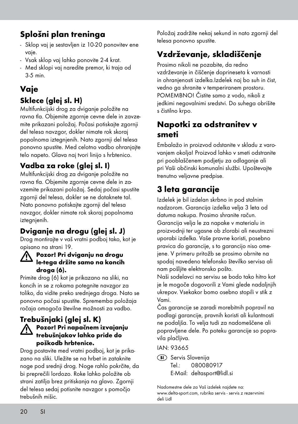 Splošni plan treninga, Vaje, Vzdrževanje, skladiščenje | Napotki za odstranitev v smeti, 3 leta garancije | Crivit MR-1442 User Manual | Page 20 / 36