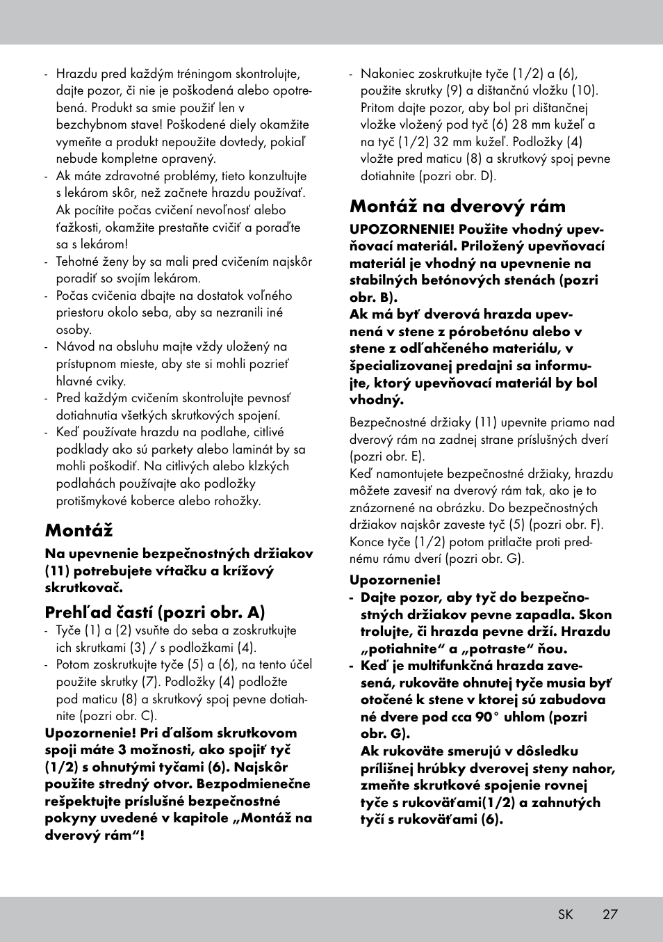 Montáž, Montáž na dverový rám, Prehľad častí (pozri obr. a) | Crivit MR-1442 User Manual | Page 27 / 36