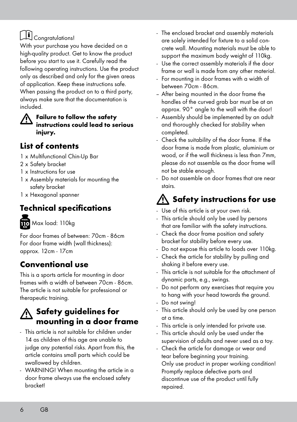 List of contents, Technical specifications, Conventional use | Safety guidelines for mounting in a door frame, Safety instructions for use | Crivit MR-1442 User Manual | Page 6 / 36