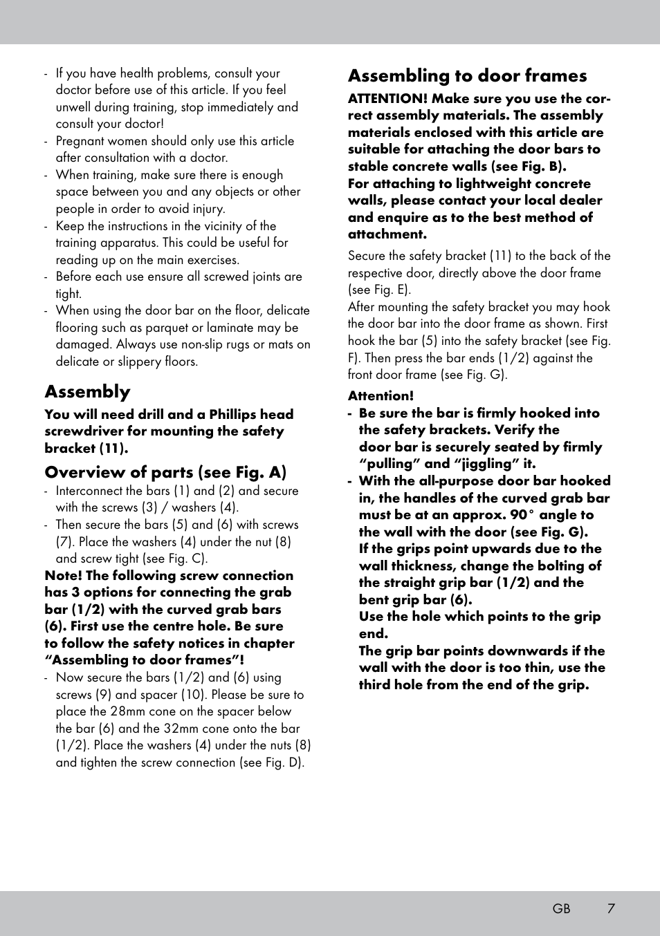 Assembly, Assembling to door frames, Overview of parts (see fig. a) | Crivit MR-1442 User Manual | Page 7 / 36