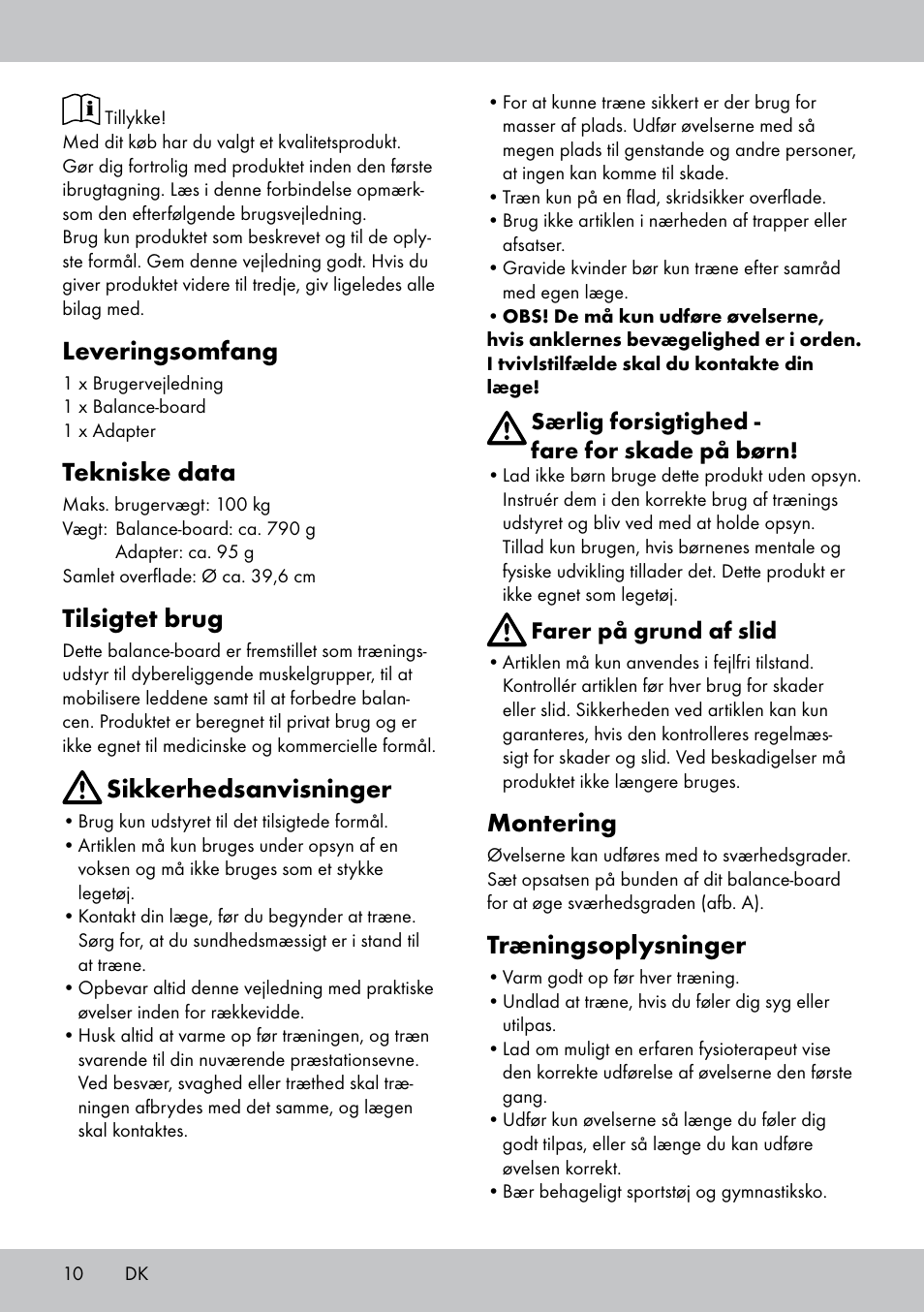 Leveringsomfang, Tekniske data, Tilsigtet brug | Sikkerhedsanvisninger, Montering, Træningsoplysninger | Crivit BB-1789 User Manual | Page 10 / 24