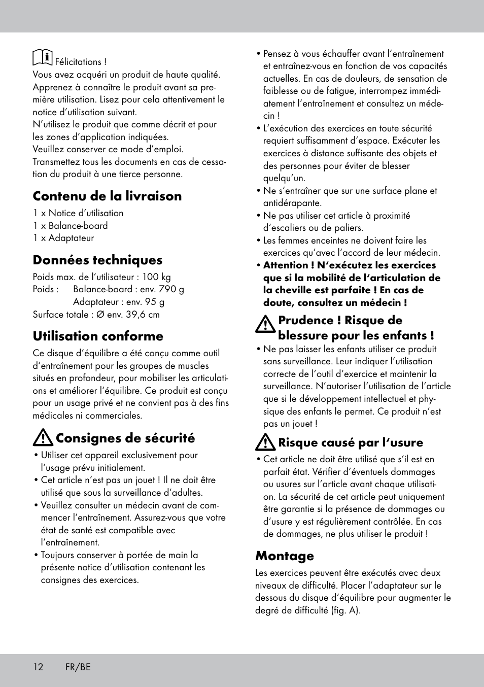 Contenu de la livraison, Données techniques, Utilisation conforme | Consignes de sécurité, Montage | Crivit BB-1789 User Manual | Page 12 / 24