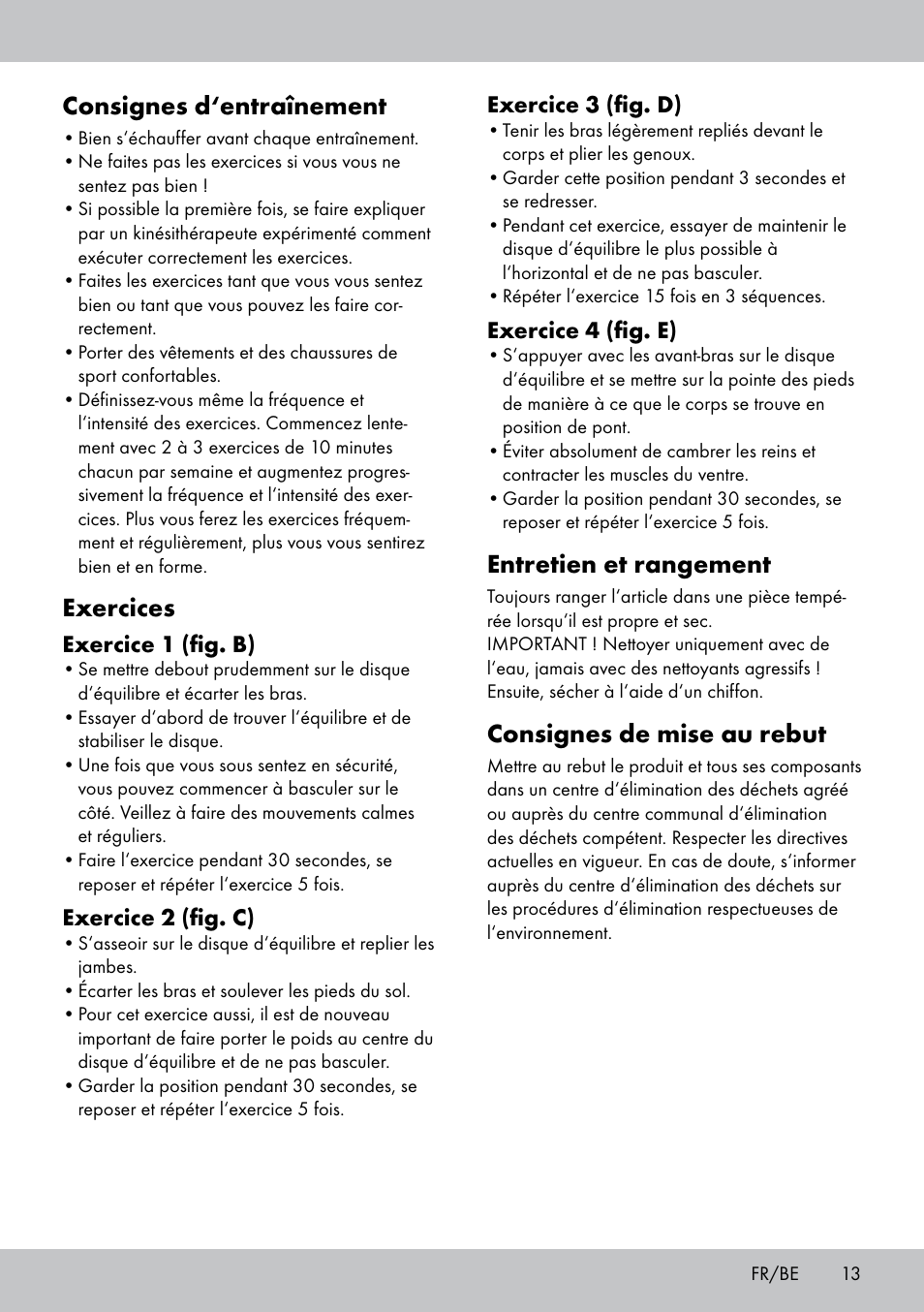 Entretien et rangement, Consignes de mise au rebut, Consignes d‘entraînement | Exercices | Crivit BB-1789 User Manual | Page 13 / 24