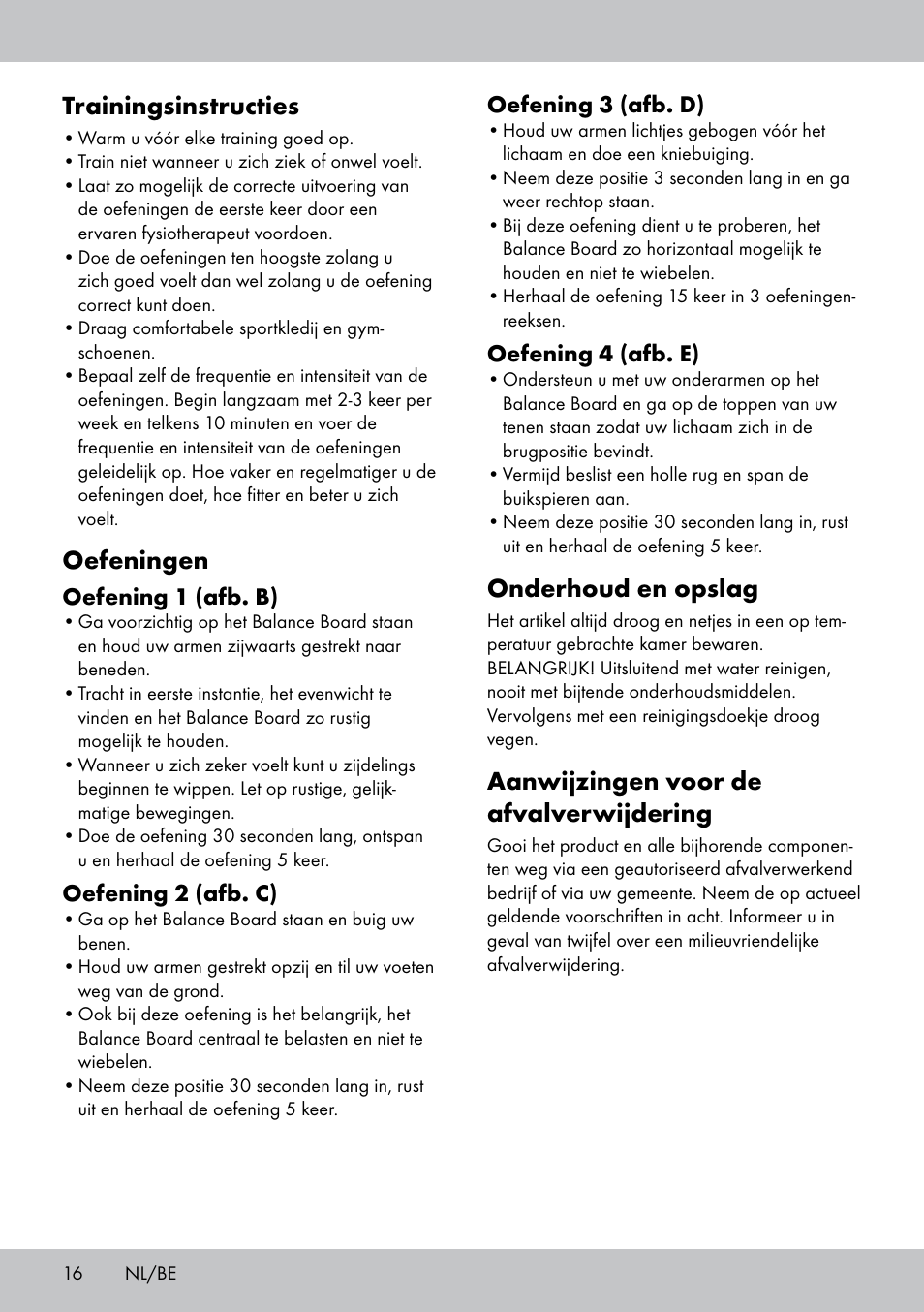 Onderhoud en opslag, Aanwijzingen voor de afvalverwijdering, Trainingsinstructies | Oefeningen | Crivit BB-1789 User Manual | Page 16 / 24
