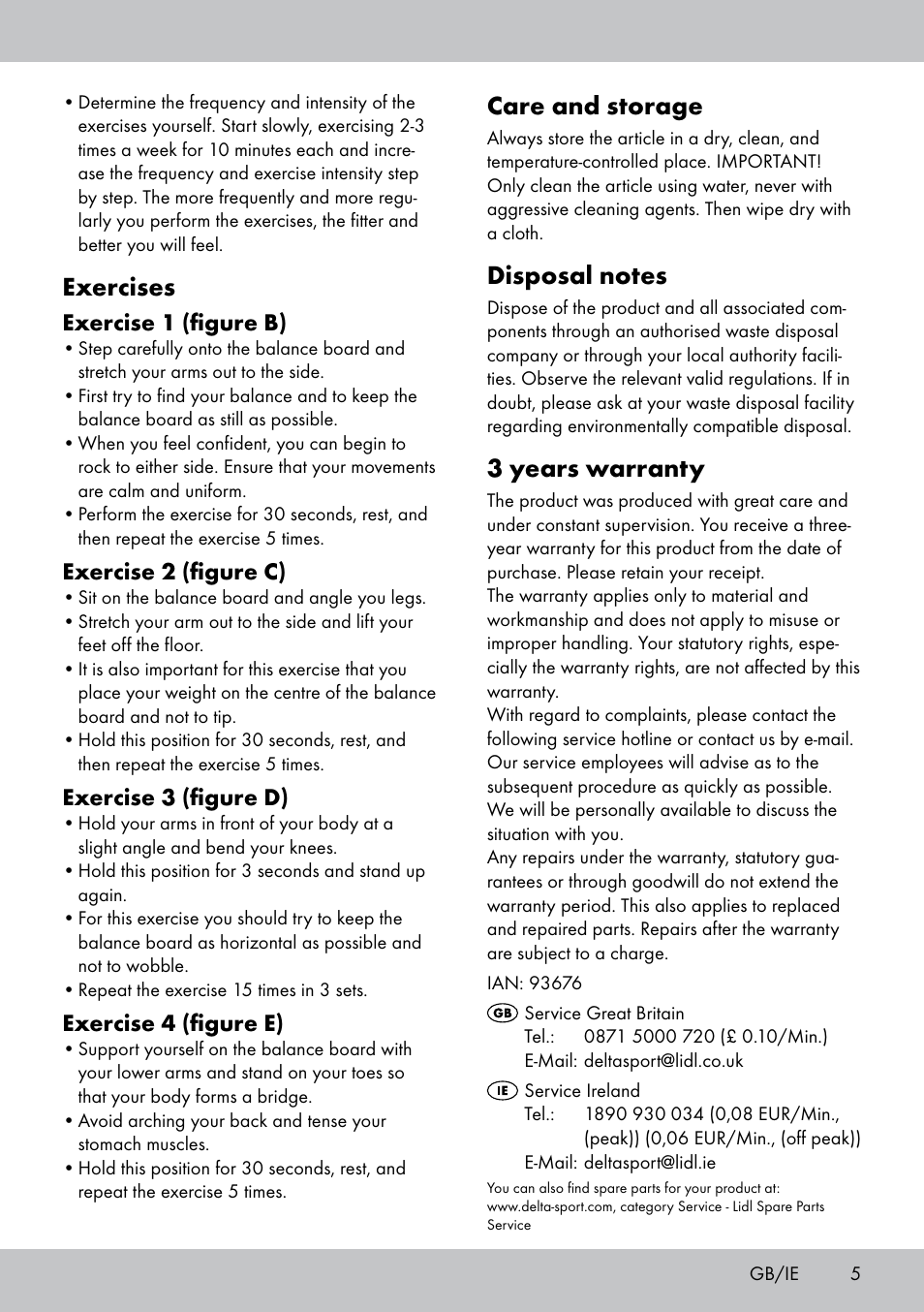 Care and storage, 3 years warranty, Exercises | Exercise 1 (figure b), Exercise 2 (figure c), Exercise 3 (figure d), Exercise 4 (figure e) | Crivit BB-1789 User Manual | Page 5 / 24