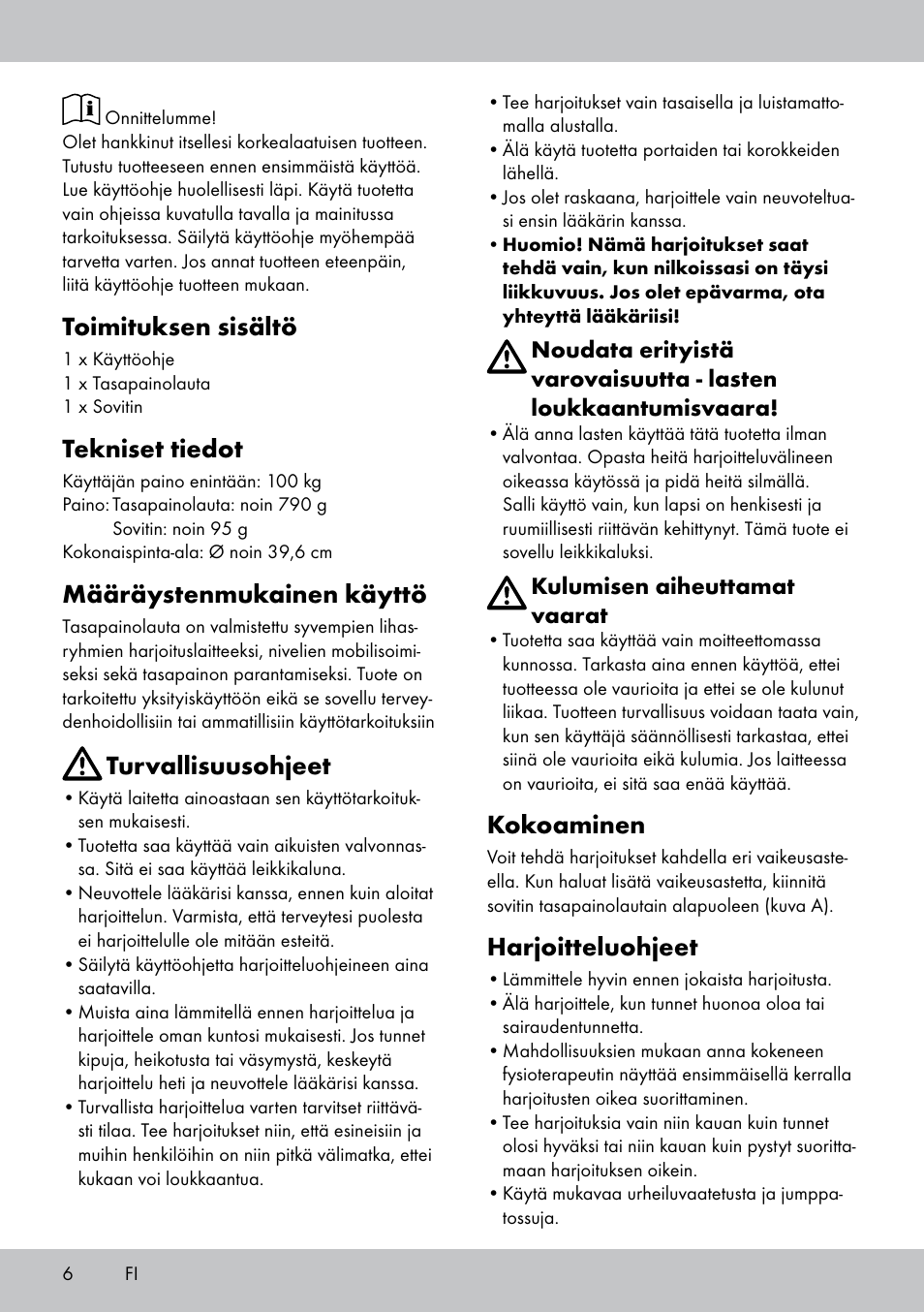 Toimituksen sisältö, Tekniset tiedot, Määräystenmukainen käyttö | Turvallisuusohjeet, Kokoaminen, Harjoitteluohjeet | Crivit BB-1789 User Manual | Page 6 / 24