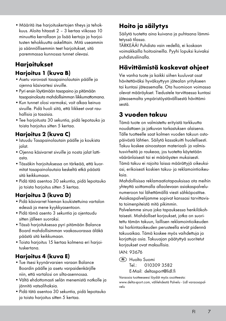 Hoito ja säilytys, Hävittämistä koskevat ohjeet, 3 vuoden takuu | Harjoitukset | Crivit BB-1789 User Manual | Page 7 / 24