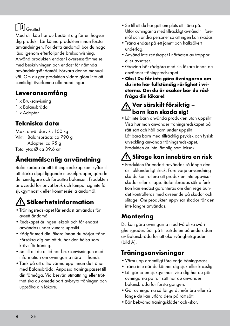 Leveransomfång, Tekniska data, Ändamålsenlig användning | Säkerhetsinformation, Montering, Träningsanvisningar | Crivit BB-1789 User Manual | Page 8 / 24