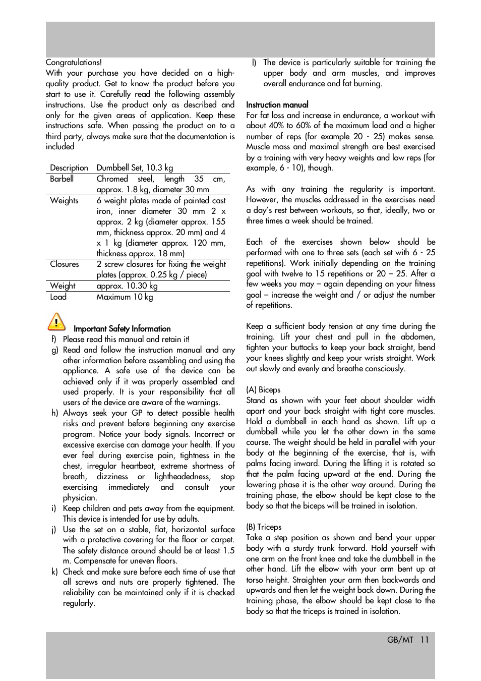 Crivit 10.3kg Dumbbell Set User Manual | Page 11 / 18