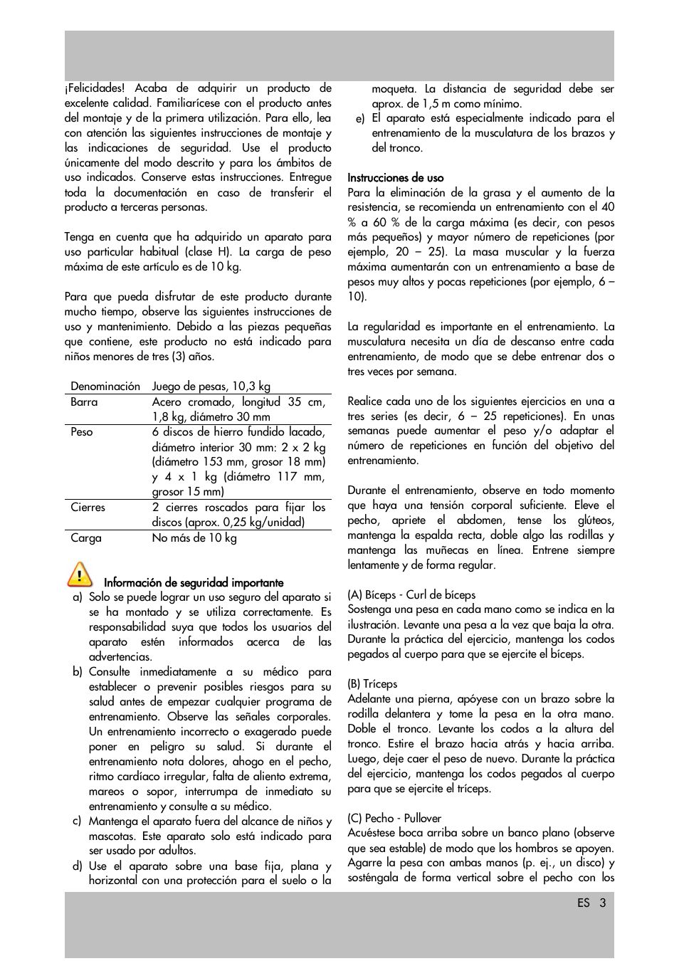 Crivit 10.3kg Dumbbell Set User Manual | Page 3 / 18