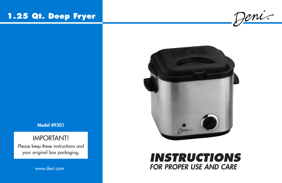 Deni 1.25 Qt. Deep Fryer 9301 User Manual | 9 pages