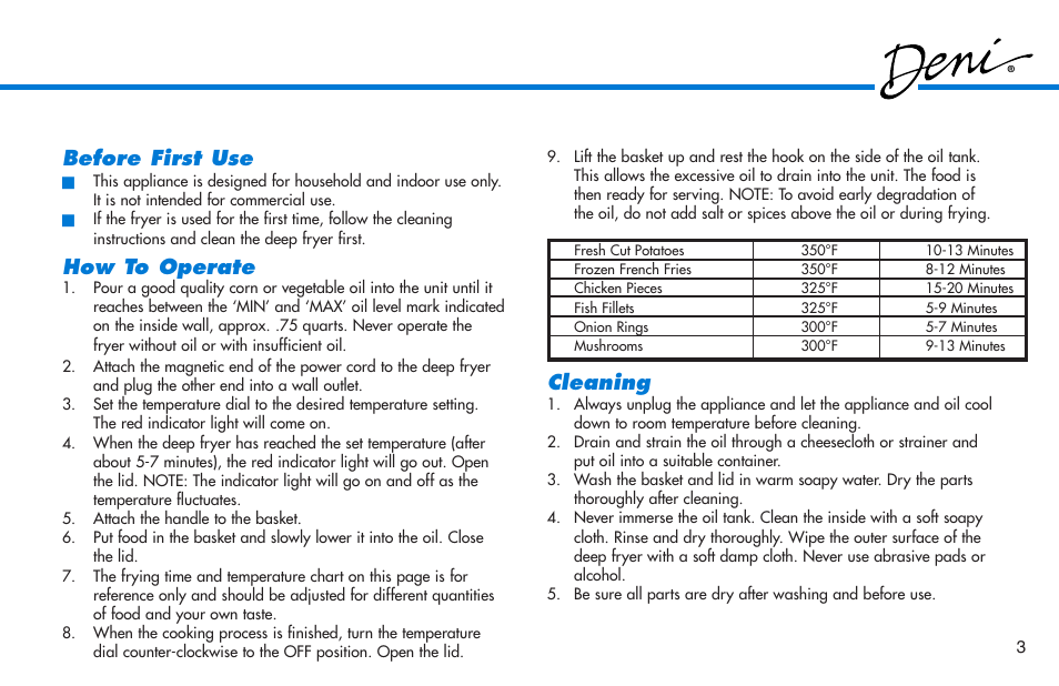 Before first use, How to operate, Cleaning | Deni 1.25 Qt. Deep Fryer 9301 User Manual | Page 4 / 9