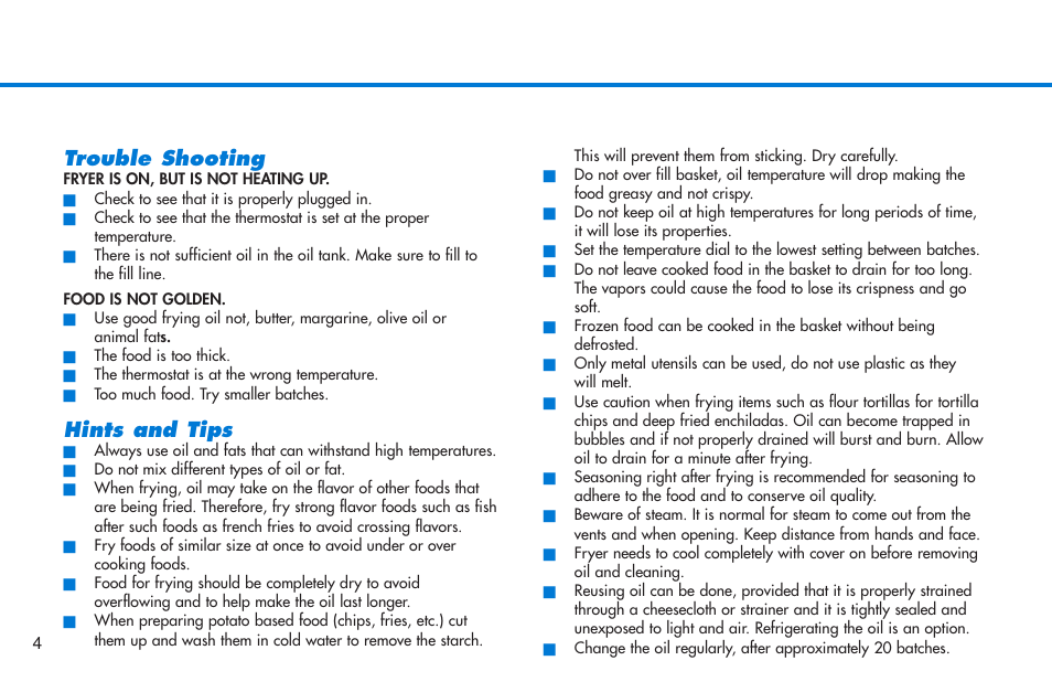 Trouble shooting, Hints and tips | Deni 1.25 Qt. Deep Fryer 9301 User Manual | Page 5 / 9