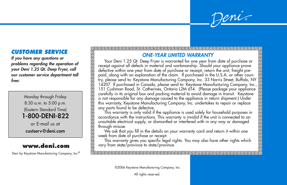 Customer service | Deni 1.25 Qt. Deep Fryer 9301 User Manual | Page 9 / 9