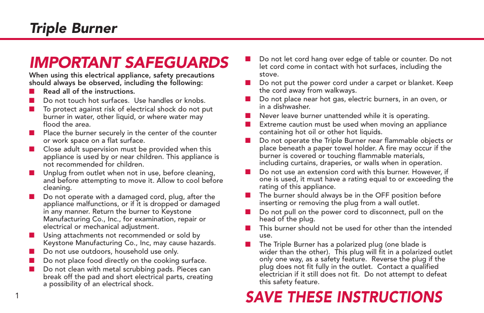 Save these instructions important safeguards, Triple burner | Deni Triple Burne 16300 User Manual | Page 2 / 4