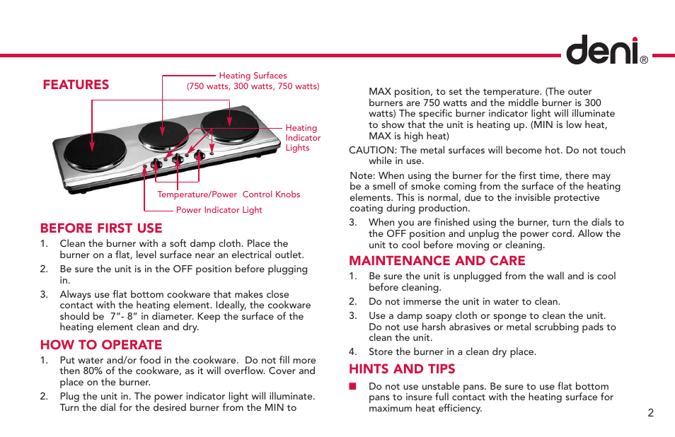 Maintenance and care, Hints and tips, Features before first use | How to operate | Deni Triple Burne 16300 User Manual | Page 3 / 4