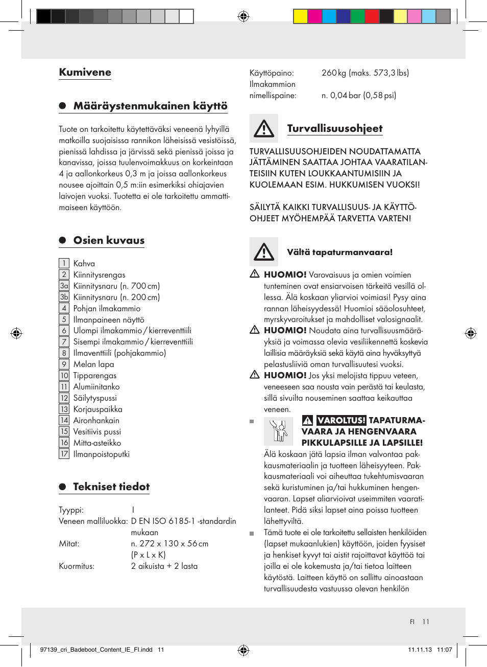 Kumivene määräystenmukainen käyttö, Osien kuvaus, Tekniset tiedot | Turvallisuusohjeet | Crivit Z31423 User Manual | Page 11 / 43