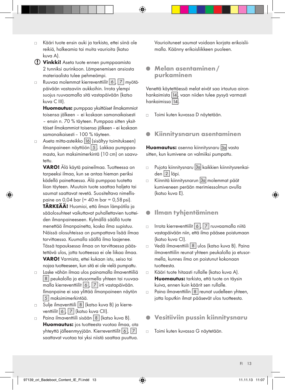 Melan asentaminen / purkaminen, Kiinnitysnarun asentaminen, Ilman tyhjentäminen | Vesitiiviin pussin kiinnitysnaru | Crivit Z31423 User Manual | Page 13 / 43