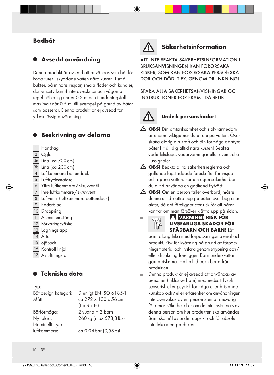 Badbåt avsedd användning, Beskrivning av delarna, Tekniska data | Säkerhetsinformation | Crivit Z31423 User Manual | Page 16 / 43