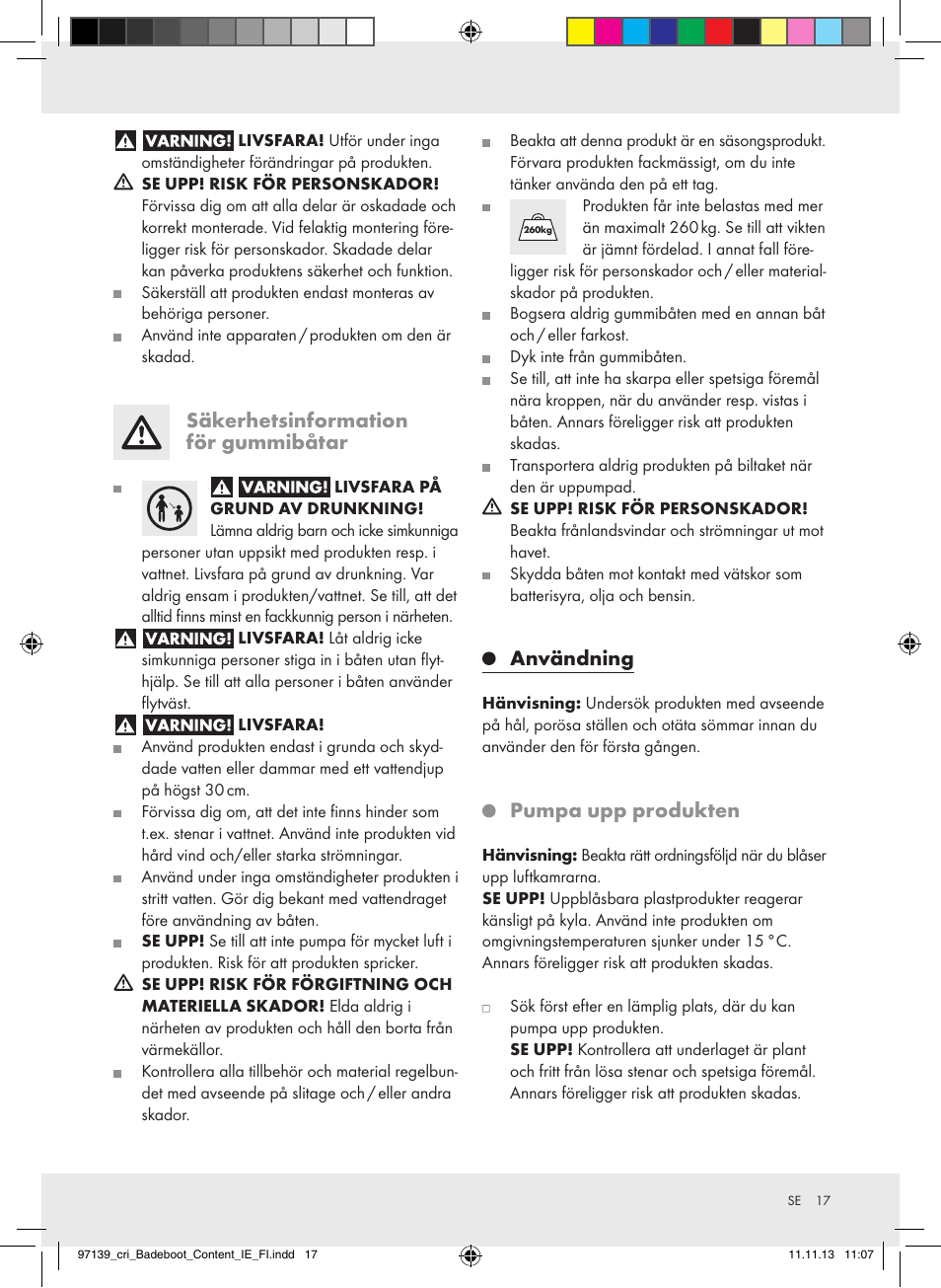 Säkerhetsinformation för gummibåtar, Användning, Pumpa upp produkten | Crivit Z31423 User Manual | Page 17 / 43