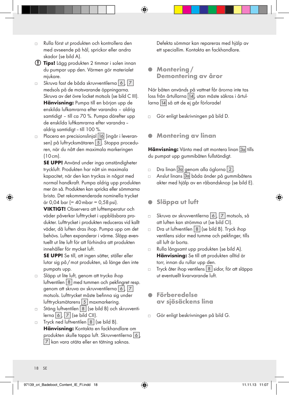 Montering / demontering av åror, Montering av linan, Släppa ut luft | Förberedelse av sjösäckens lina | Crivit Z31423 User Manual | Page 18 / 43