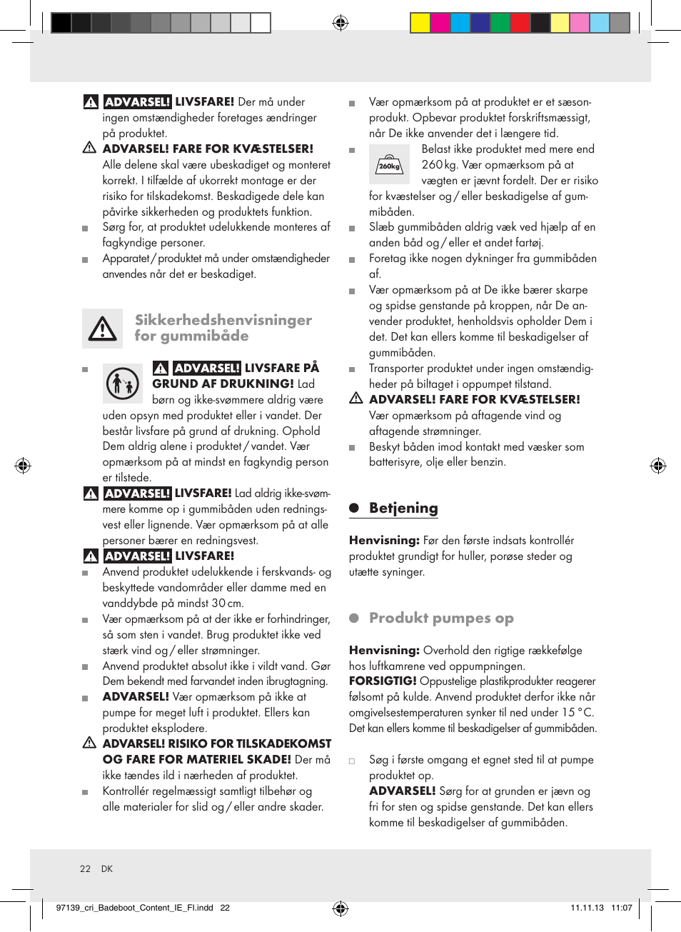 Sikkerhedshenvisninger for gummibåde, Betjening, Produkt pumpes op | Crivit Z31423 User Manual | Page 22 / 43