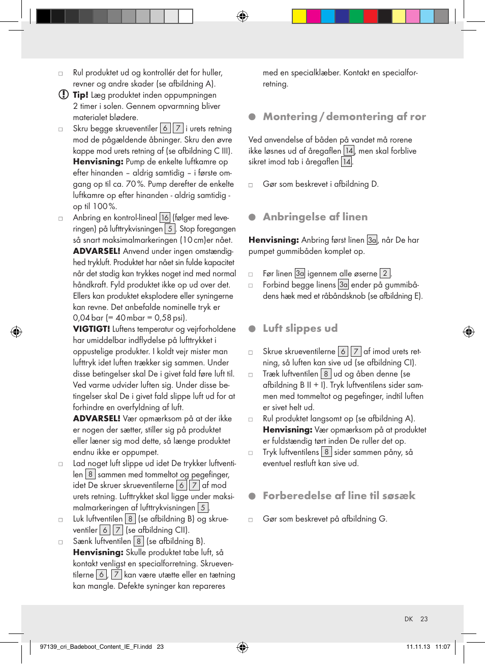 Montering / demontering af ror, Anbringelse af linen, Luft slippes ud | Forberedelse af line til søsæk | Crivit Z31423 User Manual | Page 23 / 43