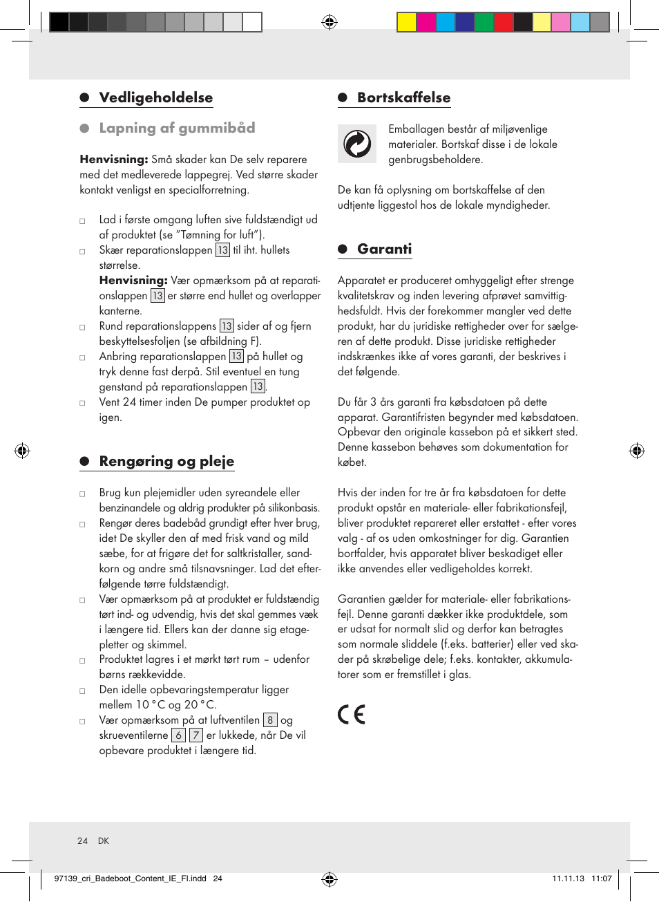 Vedligeholdelse lapning af gummibåd, Rengøring og pleje, Bortskaffelse | Garanti | Crivit Z31423 User Manual | Page 24 / 43