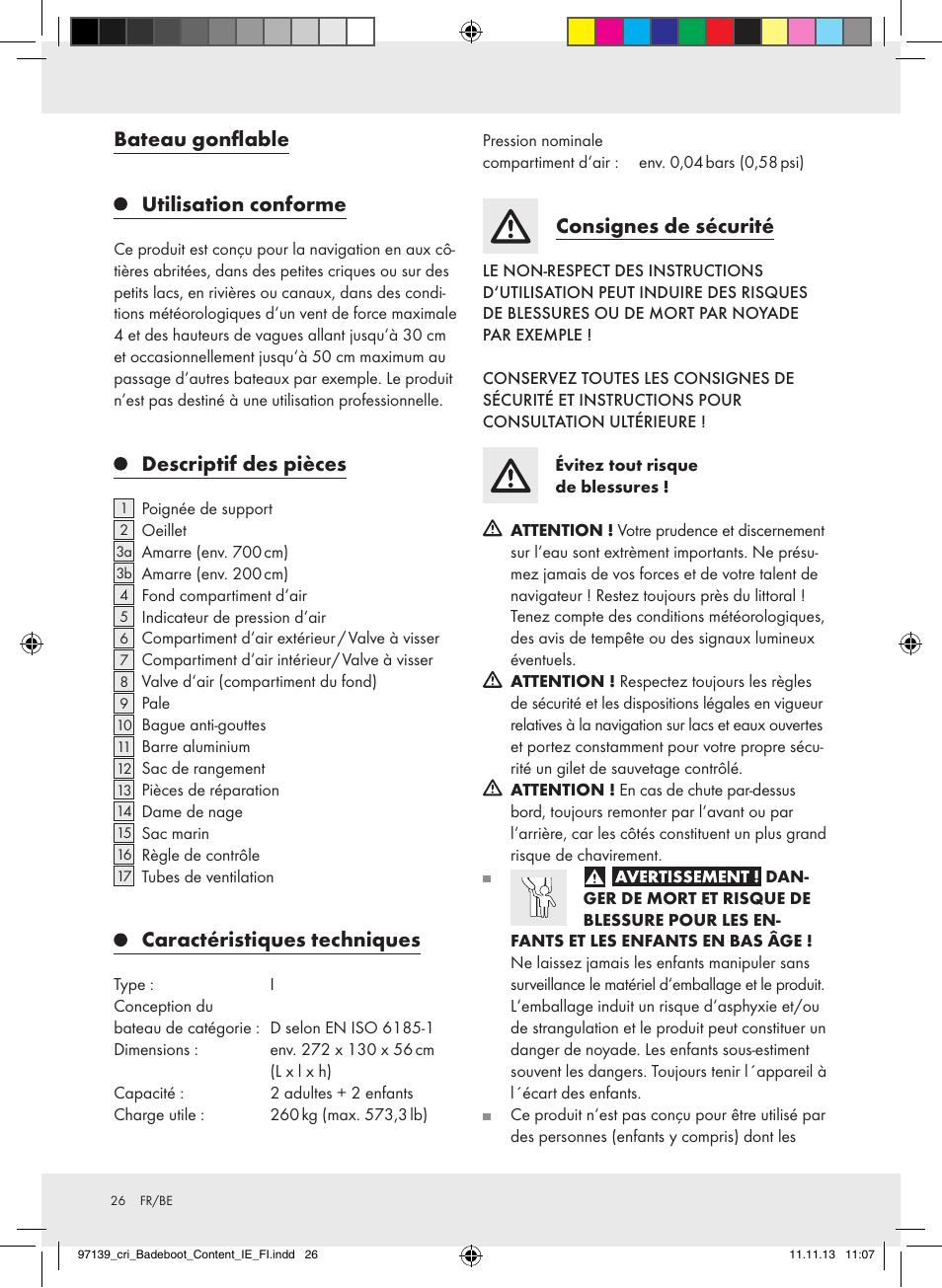 Bateau gonflable utilisation conforme, Descriptif des pièces, Caractéristiques techniques | Consignes de sécurité | Crivit Z31423 User Manual | Page 26 / 43