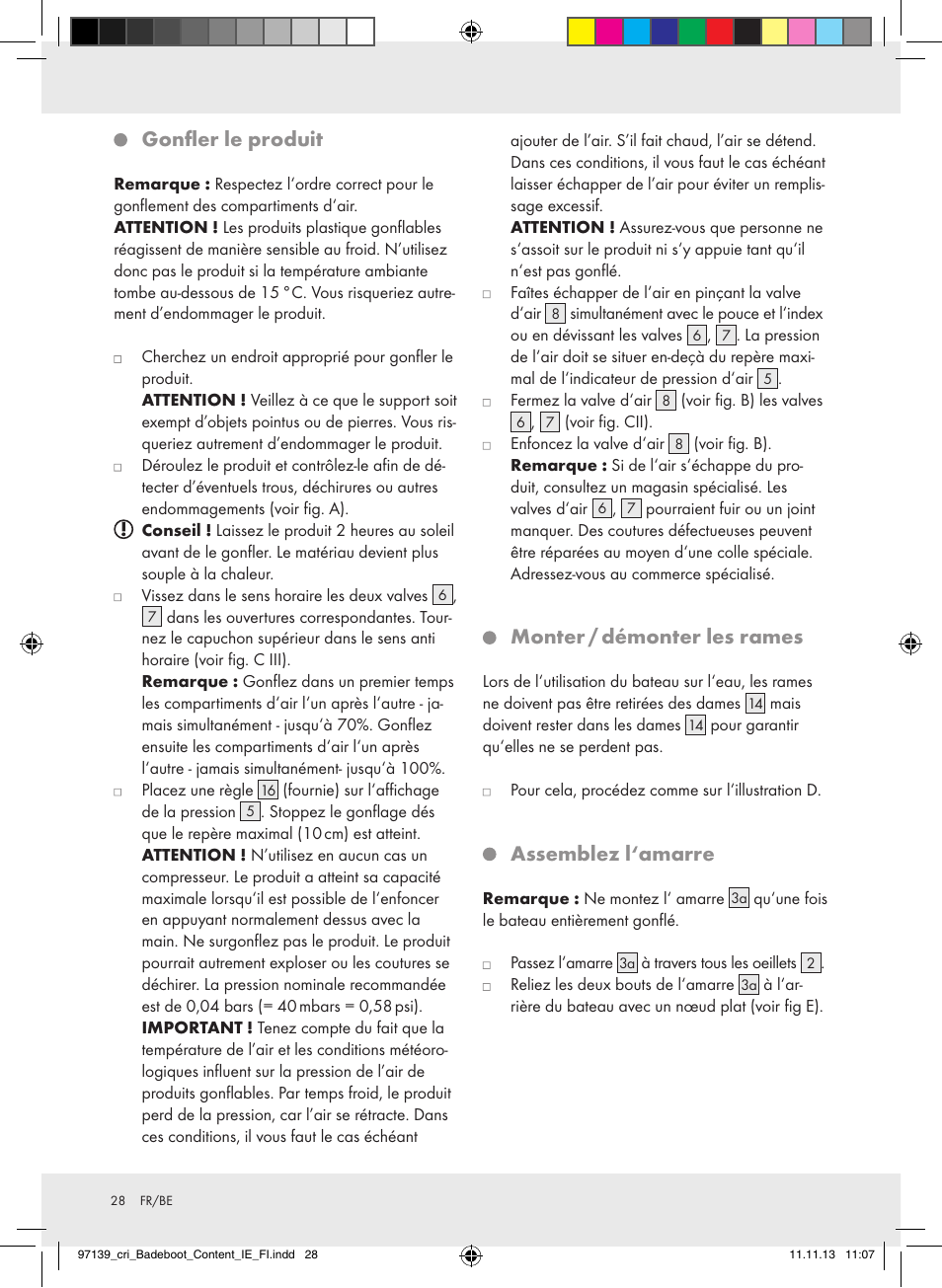 Gonfler le produit, Monter / démonter les rames, Assemblez l‘amarre | Crivit Z31423 User Manual | Page 28 / 43