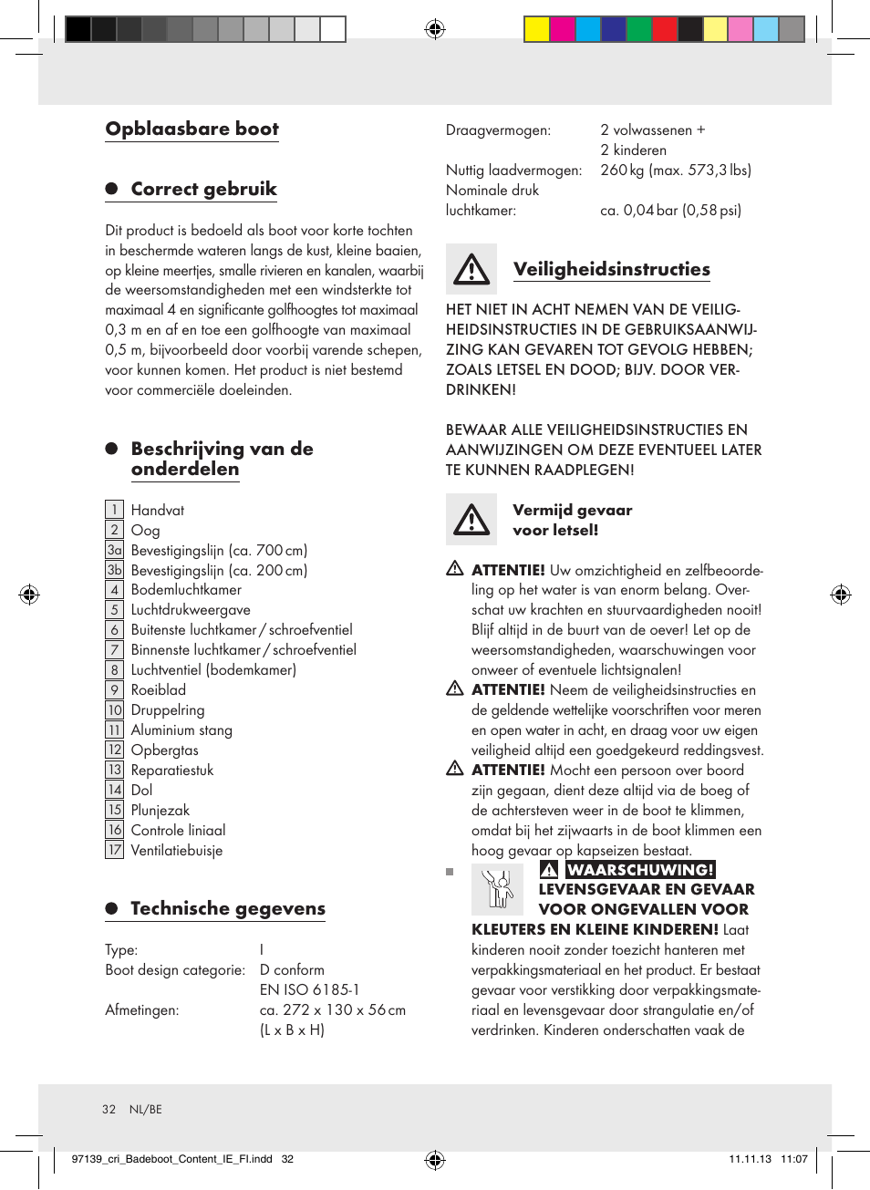 Opblaasbare boot correct gebruik, Beschrijving van de onderdelen, Technische gegevens | Veiligheidsinstructies | Crivit Z31423 User Manual | Page 32 / 43