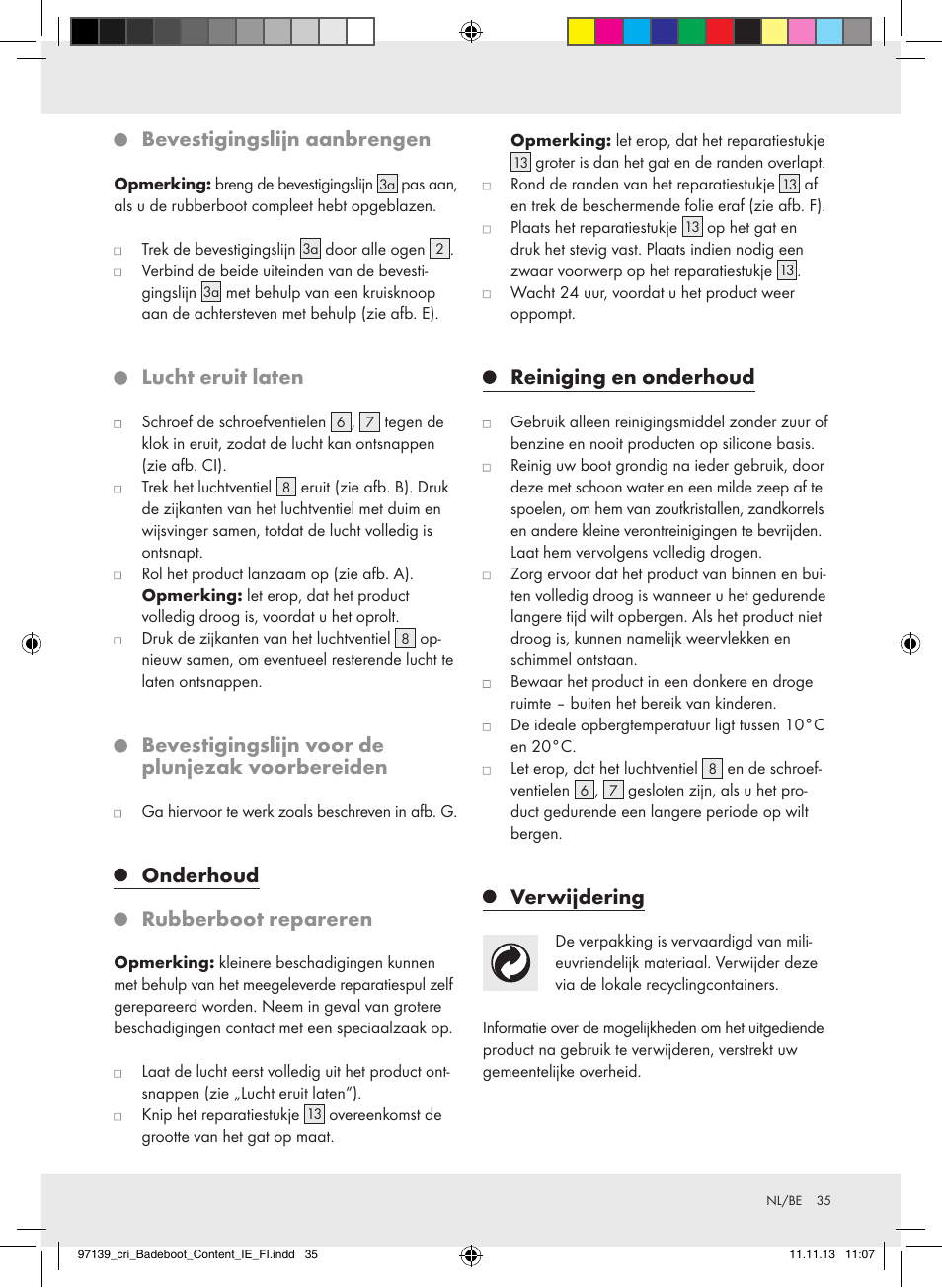 Bevestigingslijn aanbrengen, Lucht eruit laten, Bevestigingslijn voor de plunjezak voorbereiden | Onderhoud rubberboot repareren, Reiniging en onderhoud, Verwijdering | Crivit Z31423 User Manual | Page 35 / 43