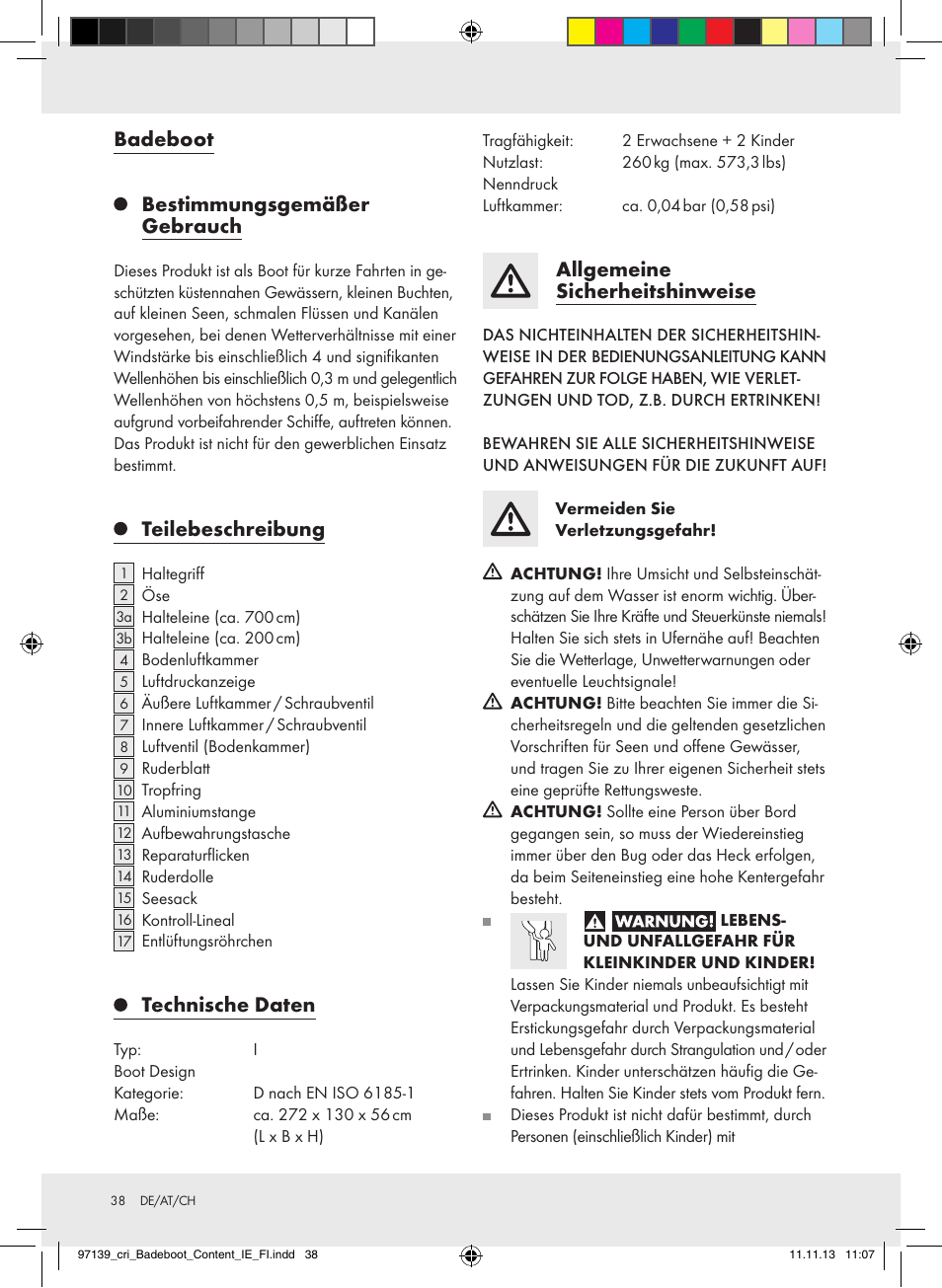 Badeboot bestimmungsgemäßer gebrauch, Teilebeschreibung, Technische daten | Allgemeine sicherheitshinweise | Crivit Z31423 User Manual | Page 38 / 43