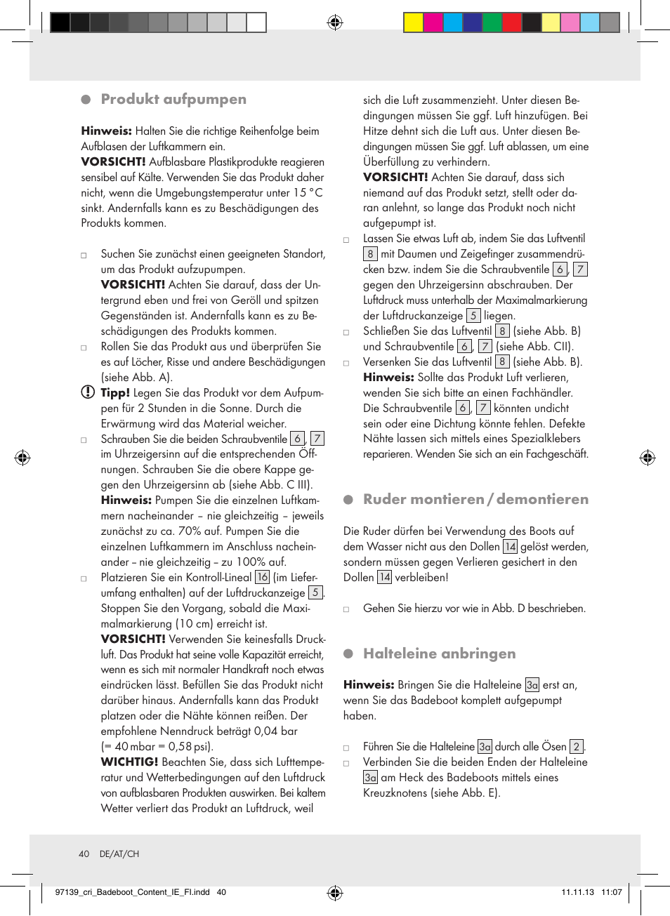 Produkt aufpumpen, Ruder montieren / demontieren, Halteleine anbringen | Crivit Z31423 User Manual | Page 40 / 43