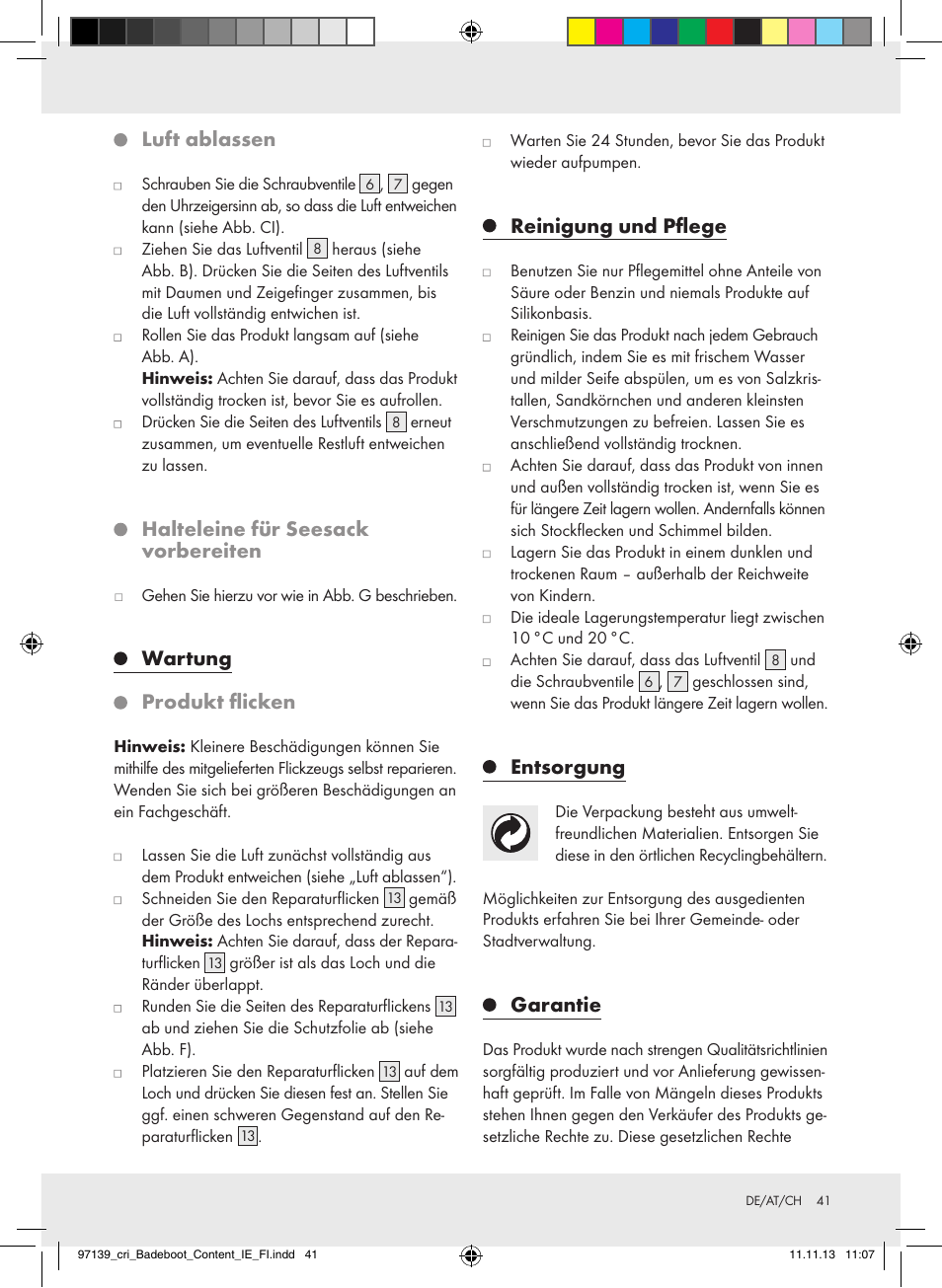 Luft ablassen, Halteleine für seesack vorbereiten, Wartung produkt flicken | Reinigung und pflege, Entsorgung, Garantie | Crivit Z31423 User Manual | Page 41 / 43