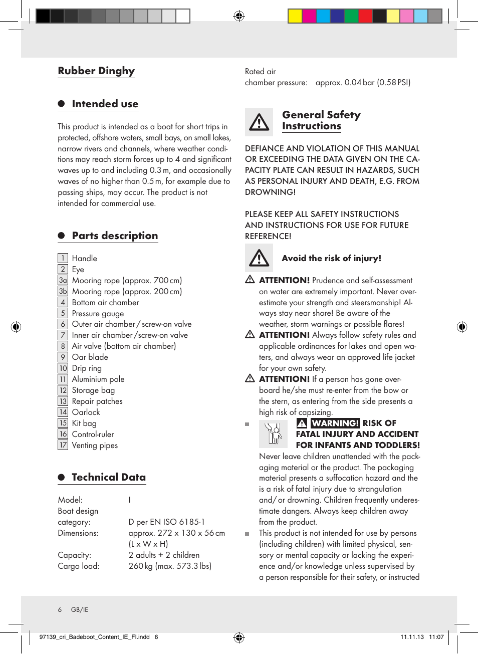 Rubber dinghy intended use, Parts description, Technical data | General safety instructions | Crivit Z31423 User Manual | Page 6 / 43