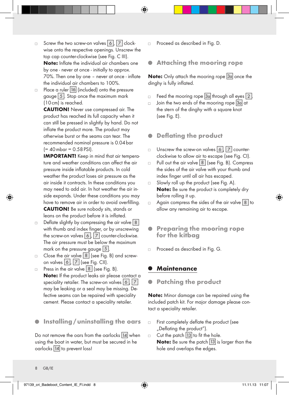 Installing / uninstalling the oars, Attaching the mooring rope, Deflating the product | Preparing the mooring rope for the kitbag, Maintenance patching the product | Crivit Z31423 User Manual | Page 8 / 43