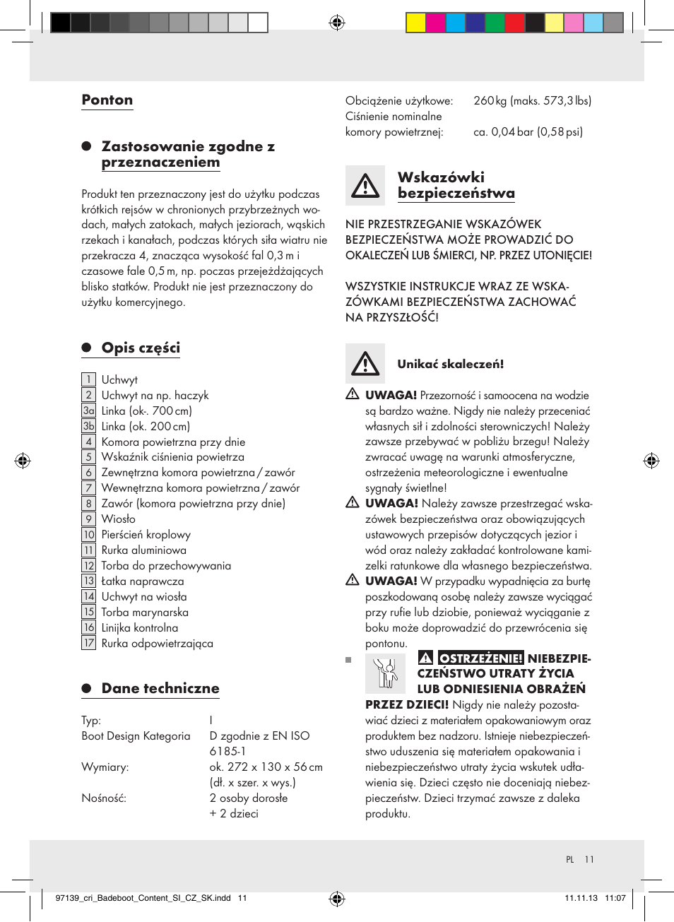 Ponton zastosowanie zgodne z przeznaczeniem, Opis części, Dane techniczne | Wskazówki bezpieczeństwa | Crivit Z31423 User Manual | Page 11 / 45