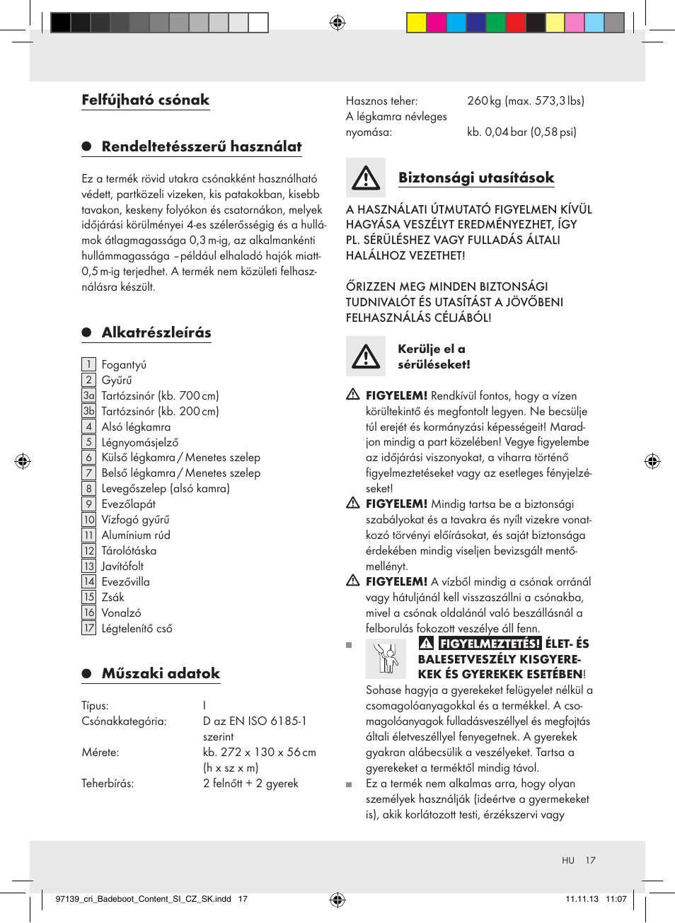 Felfújható csónak rendeltetésszerű használat, Alkatrészleírás, Műszaki adatok | Biztonsági utasítások | Crivit Z31423 User Manual | Page 17 / 45