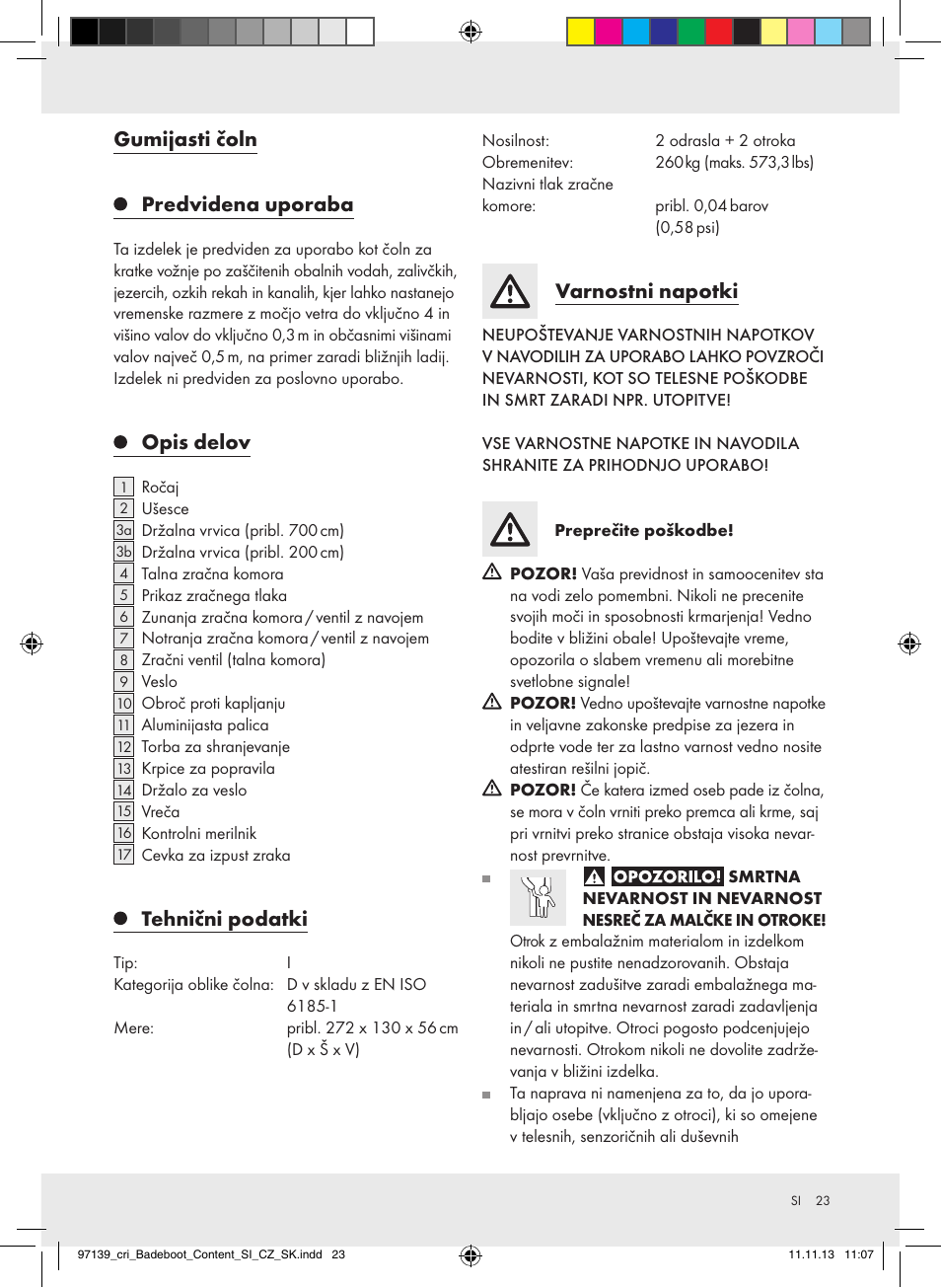 Gumijasti čoln predvidena uporaba, Opis delov, Tehnični podatki | Varnostni napotki | Crivit Z31423 User Manual | Page 23 / 45