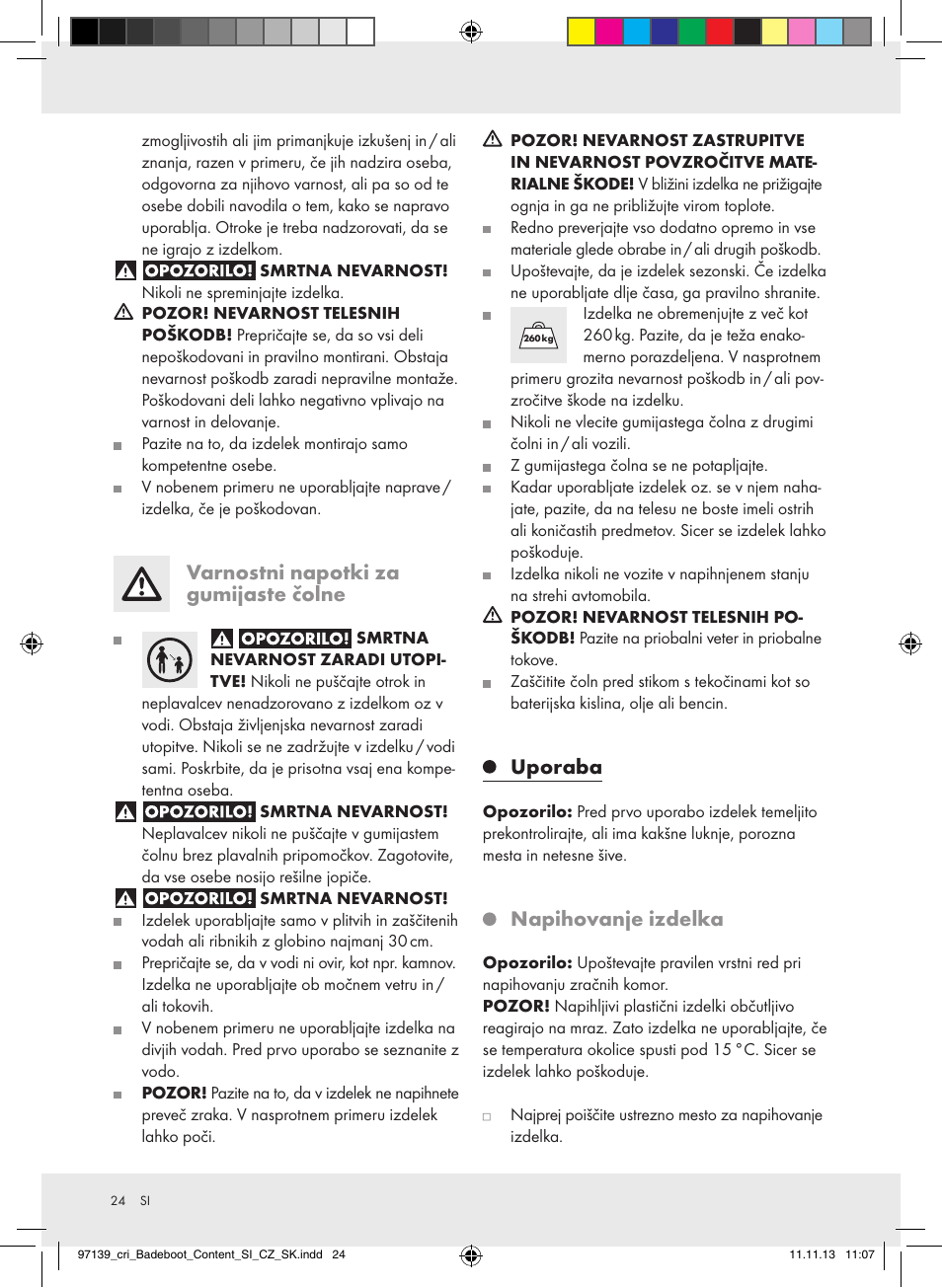 Varnostni napotki za gumijaste čolne, Uporaba, Napihovanje izdelka | Crivit Z31423 User Manual | Page 24 / 45
