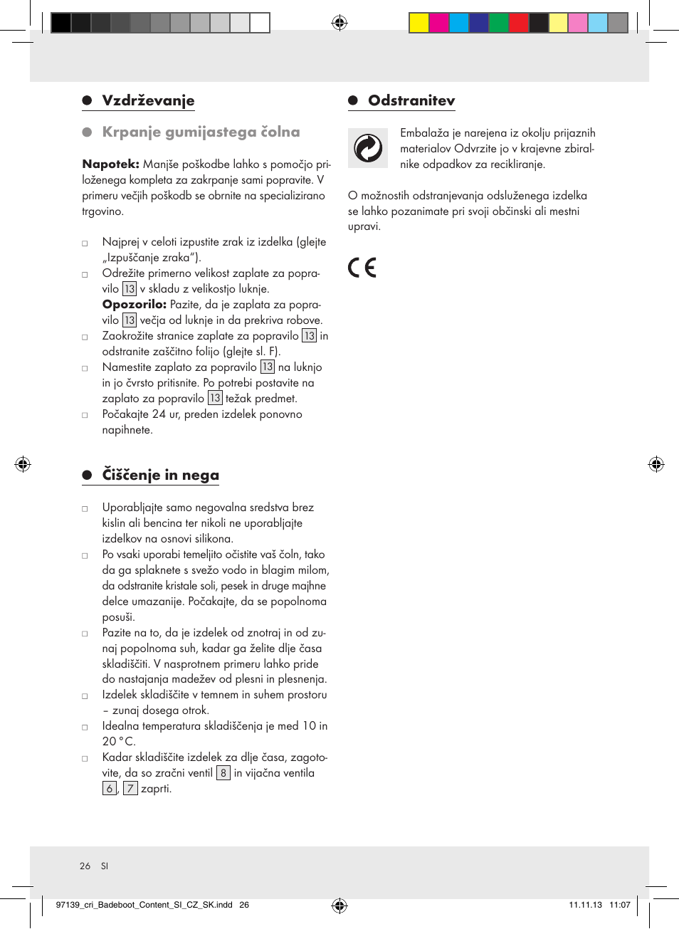 Vzdrževanje krpanje gumijastega čolna, Čiščenje in nega, Odstranitev | Crivit Z31423 User Manual | Page 26 / 45