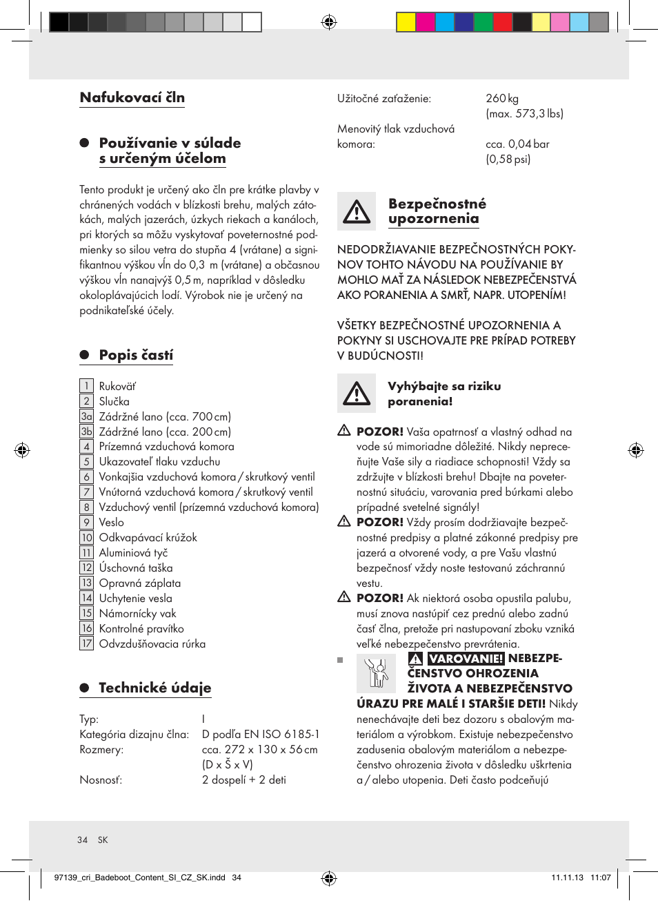 Popis častí, Technické údaje, Bezpečnostné upozornenia | Crivit Z31423 User Manual | Page 34 / 45