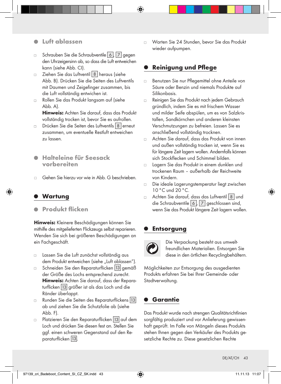 Luft ablassen, Halteleine für seesack vorbereiten, Wartung produkt flicken | Reinigung und pflege, Entsorgung, Garantie | Crivit Z31423 User Manual | Page 43 / 45